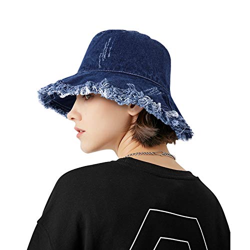 Docila Fray Blue Jean Bucket Hat For Women Retro Mens Fringe Brim Denim Fisherman Caps Packable Spring Summer Sun Hat #TOP1