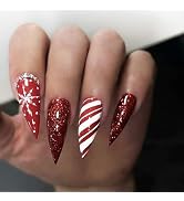 Christmas Snowflake Press on Nails Glossy Red Glitter Candy Cane Acrylic Fake Nails 24Pcs Christm...