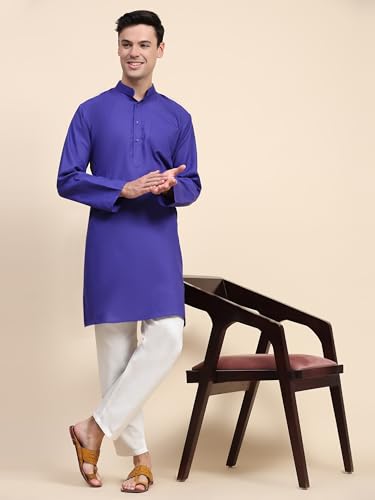SKAVIJ Herren Tunika Baumwolle Sommer Kurta Pyjama Set Indisches Outfit (Blau, L)