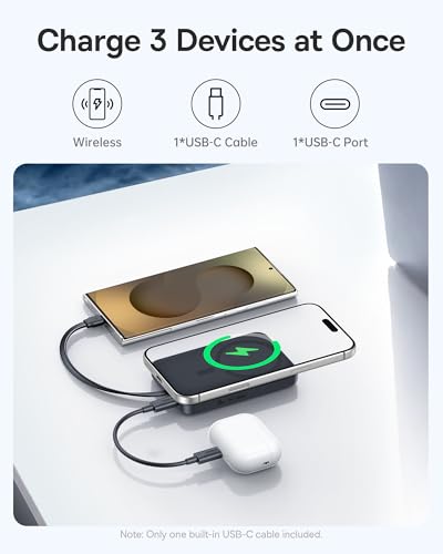 Image of Baseus Magsafe Power Bank, 10,000mAh 30W Magnetic Portable Charger, Fast Charging Wireless Battery Pack with Built-in Braided USB-C Cable for iPhone 17 Pro Max /Air /16 /15 /14 /13, AirPods, iPad and More