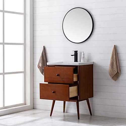 Eviva Caramel 24 Inch Teak Mid Century Bathroom Vanity With Porcelain Top And Dovetail Drawers #TOP3