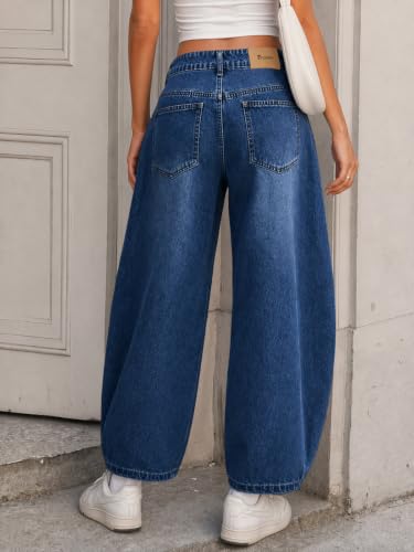 Flowyair Womens Barrel Jeans High Waisted Wide Leg Pleated Denim Pants Navy — view 6