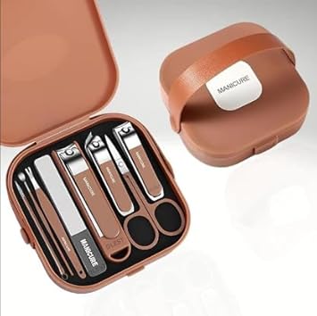 Manicure Nail Care Kit, Stainless Steel, 8-Piece Set with Travel Case, (Brown)