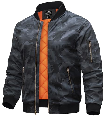 TACVASEN Men's Casual Bomber Jacket Windproof Bomber Jackets Winter Bomber Jacket Coat for Men Varsity Jackets Black Camo