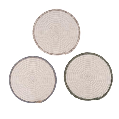 Image of DENOVA Cotton Rope Trivet Set for Hot Pans and Pots, Handcrafted, Heat-Resistant Round Table Protector 23 cm Cream and Blue Edge Line Pack of 3