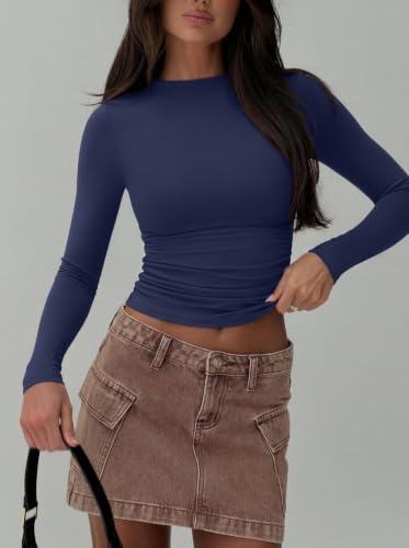 REORIA Women's Elegant Mock Neck Ruched Business Casual Tops Dark Denim S — view 5