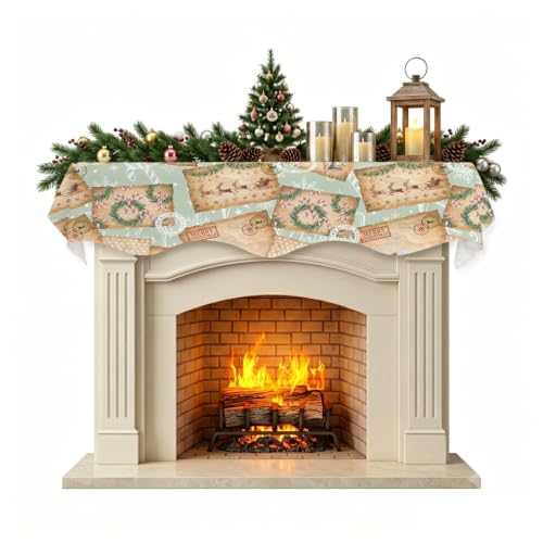 Christmas Fireplace Mantel Scarf 70 x 17 Inch, Cartoon Bells Green Wreath Vintage Postcard Mantel Scarves for Fireplace Decoration Reusable Top Runners for Christmas Party Supplies