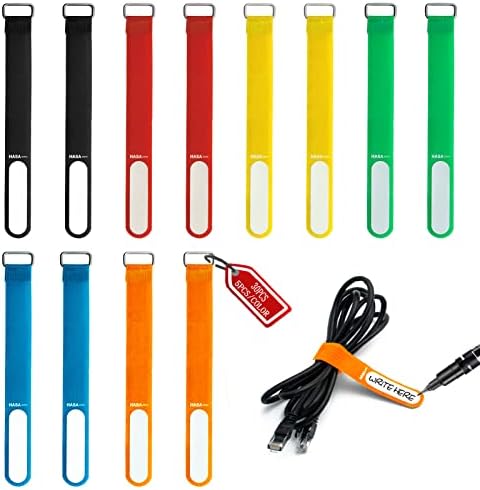 30PCS Cable Ties Reusable with Write-on Label, HASA zone Cord Ties 7.87inch with Stainless Steel Buckle, Cable Straps with Writing Label for Easy Identification, 6 Colors