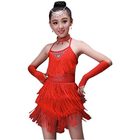 BOZEVON Kids Girls Performance Ballroom Costume Sequin Salsa Tango Tassel Latin Dance Dress Red Cover