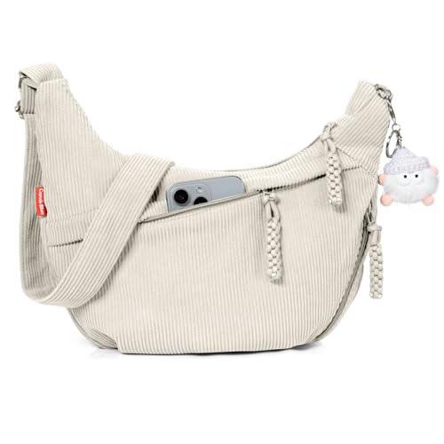 Captain Blues Umhängetasche Damen Crossbody Bag Cord Tasche Halbmond Tasche Damen, Verstellbare Schultertasche mit Reißverschluss und Baumwollfutter, Ideal für Arbeit, Reisen und Uni (Beige)