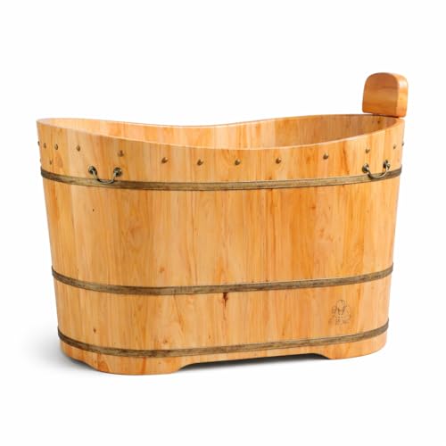 Wooden Soaking Tub for Adults, Handcrafted Cedar Wood Bathtub with Seat and Headrest, Freestanding Oval Japanese Style Soaking Tub with Drain Hose for Bathroom, Home Spa (47.2 in)