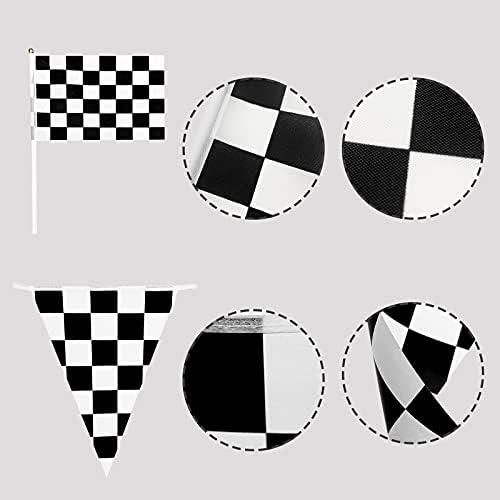 6.6ft Long Racetrack Floor Running Racer Party Decoration MatCheckered Racing Pennant Banner10 Pieces Checked Black and White Race Flags and 6 pieces Racing balloon for Race Car Party Decorations