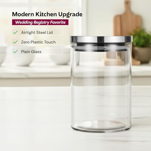 Image of amazon basics Glass Jars for Kitchen, Set of 6, 600ml Borosilicate Glass Containers with Airtight Stainless Steel Lids, Kitchen Storage Jars for Tea, Coffee, Sugar, Spices & Dry Fruits