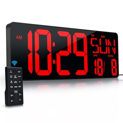 KRSTIR Large Digital Wall Clock with Remote Control 17.2 LED Large Display Timer with Temperature Date Week Auto DST Adjustable Brightness Big Wall Alarm Clock for Living Room Office