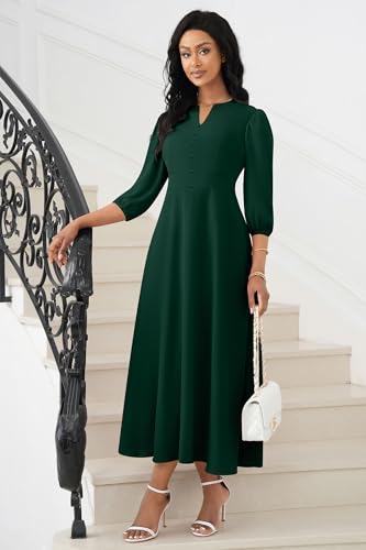 Image of FANDEE Maxi Dress for Women Casual 3 /4 Sleeve V Neck Semi Formal Fit and Flare Dress Classy High Waist Wedding Guest Dresses