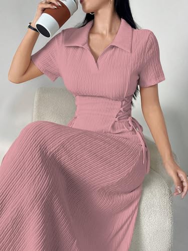 Image of Shasmi Women's Solid Color Applique Lace-Up Collared Short Sleeve, Side-Tie Waist Long Casual Maxi Women Dress Outfit Long Evening Midi Western Party Dress for Women (Dress 211)