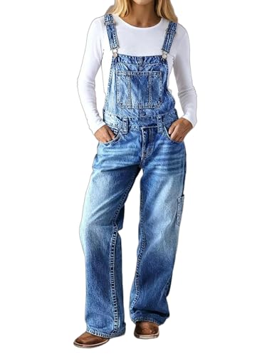 Flamingals Denim Overalls for Women Multi Pocket Wash Baggy Straight Leg Casual Denim Jumpsuits Light Blue M