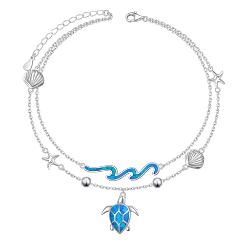 Image of Ladytree S925 Sterling Silver Boho Beach Double Layer Anklets Bracelet for Women Adjustable 9 to 11 inches