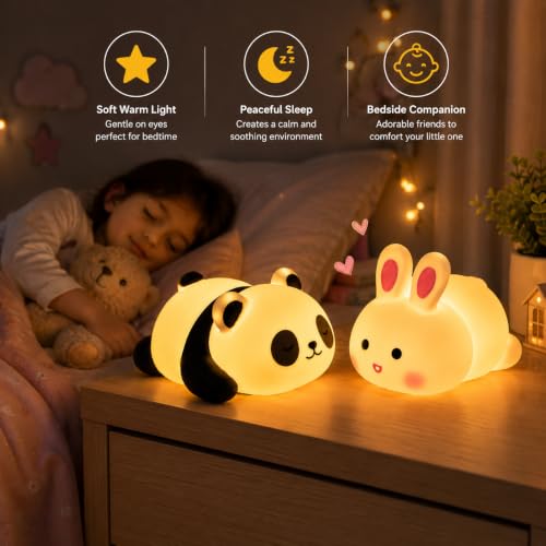 Image of Cubbie Cute Sleeping Panda & Naughty Bunny LED Night PVC Light Combo Pack of 2 | Soft Warm White Nursery Bedside Lamp (Sleeping Panda & Bunny)
