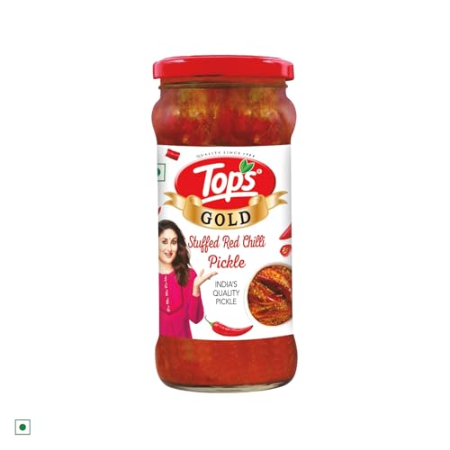 Image of TOPS Gold Stuffed Red Chilli Pickle - 375 gm Glass Bottle| Perfect blend of spicy red chillies blended in mustard oil (Pack of 3)