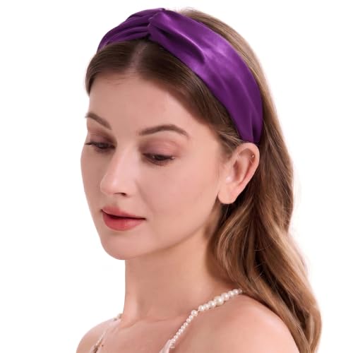 Image of ZLYC Mulberry Silk Headband for Women's Hair, Solid Light Red Purple | smooth luxury real silk, stretch elastic no slip fit, makeup spa skincare use, travel daily wear,boho fashion hair accessory