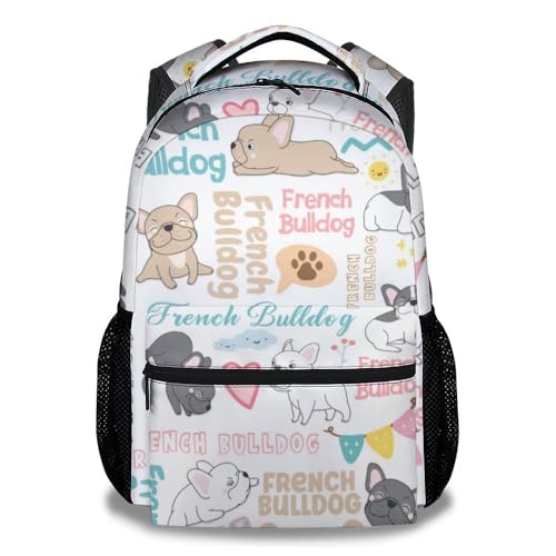 Girls French Bulldog Backpack for School - 16 Inches White Backpacks for Girls - Cute Durable Bookbag for Elementary