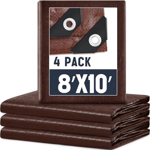 Image of 4 Pack 8 x 10 ft Brown Tarps Heavy Duty 5.5 Mil Waterproof Durable, Water Resistant, Rip & Tear Proof, Reinforced Edges, Multipurpose Firewood, Farm, Camping, Roof, Boat & Emergency Shelter
