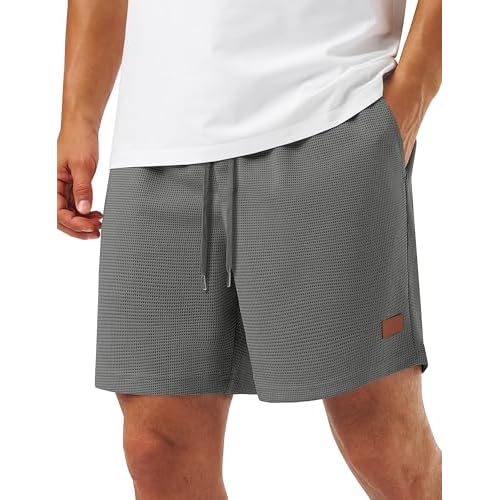 TACVASEN Men's Casual Shorts Waffle 5'' Elastic Waist Drawstring Summer Beach Shorts Moisture Wicking SweatShorts Medium Mid Grey