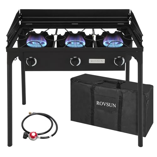 ROVSUN 3 Burner Outdoor Propane Gas Stove with Windpanel Carrying Bag & Regulator 225 000 BTU Stand Cooker for Backyard Cooking Camping Home Brewing Canning Turkey Frying