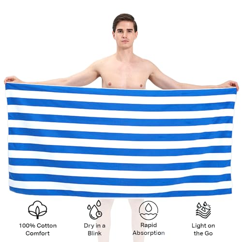 Large Quick Dry Microfibre Beach Bath Towel for Adult,Double Sides Blue White Striped Sand Free Beach Towel with Bag,Lightweight Gym Yoga Sports Towel,Compact Travel Summer Beach Towel for Women Men - Image 3