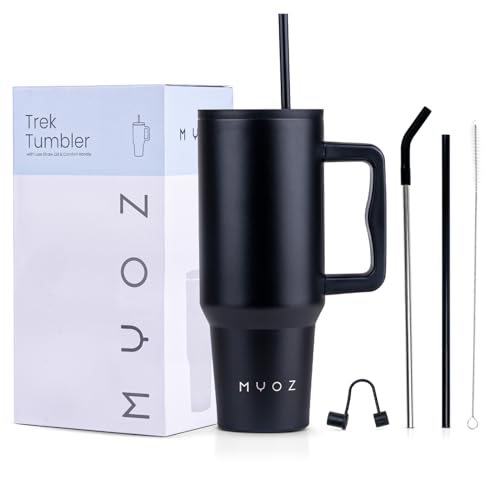 Image of MYOZ 1200ML Stainless Steel Insulated Tumbler Water Mug with Lid, 2 Straws Hot & Cold Iced Coffee Cup, Double Wall Leak-Proof Cupholder for Gym, Travelling Spill-Proof Bottle (Midnight Black)