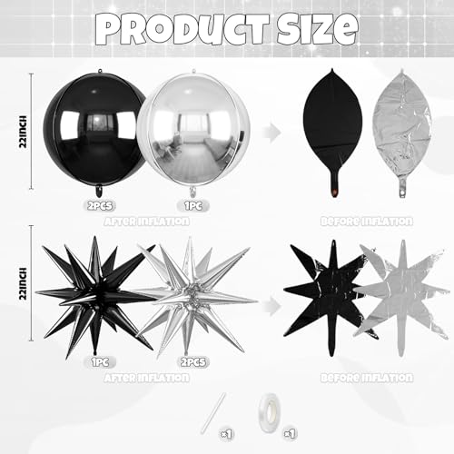 Image of 6pcs 22 inch Black Silver Star Balloons and 4D Large Foil Balloons, Black Foil Star Balloon Silver 4D Aluminum Balloon For Birthday Baby Shower Party Wedding Anniversary Graduation New Year Decoration