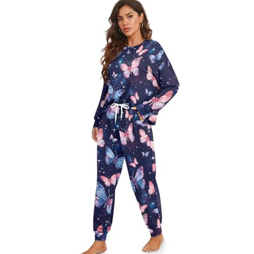 Image of Womens Lounge Set Long Sleeve Soft Pajama Sets Casual 2 Piece Pj Outfit Crewneck Sleepwear with Pockets Plus Size