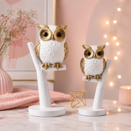 Image of Amazon Basics Majestic Owl Figurine Set for Home & Office Decor | Modern Ceramic Bird Sculpture Showpieces for Living Room, Shelf, Study Table & Entrance Styling (White & Gold, Set of 2)