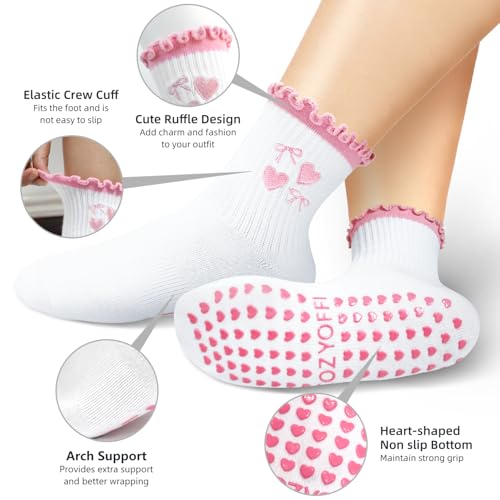 Non Slip Pilates Socks: 3 Pairs Crew Cotton Ruffle Grip Socks for Women2
