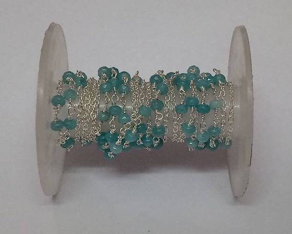 Chaîne calcédoine aqua 3-4mm avec fil argenté LKBEADS pour création bijoux DIY