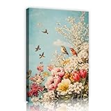 春の鳥花のキャンバスウォールアートボヘミアンロマンチックキャンバスプリントリビングルーム寝室オフィスの家の装飾マルチカラー65x98cmインナーフレームのためのストレッチ写真