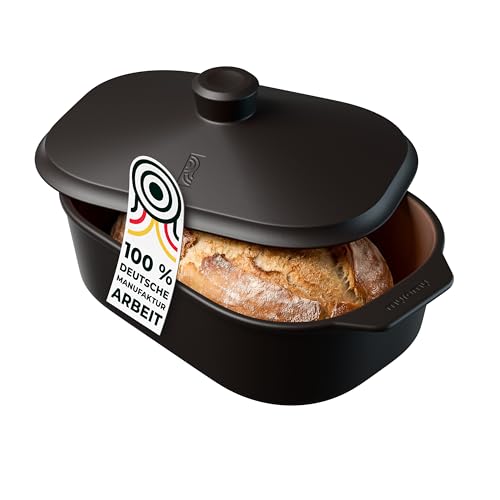 myromy® Bräter, Schmortopf & Brotbackform aus Keramik Natur-Ton: Bratentopf, Dampfgarer & Backform, Brottopf, Braten, Aufläufe & Eintopf – für Backofen, Grill & Feuer - Handmade in Germany (Coffee)
