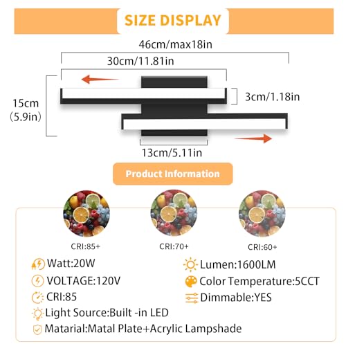 Image of Bathroom Light Fixtures: 18-Inch Modern Bathroom Vanity Light ETL Certificated 5CCT Optional Wall Lights Over Mirror 20W, LED Vanity Light Bar 0-100% Dimmable - Wall Light Fixtures, 1 Pack