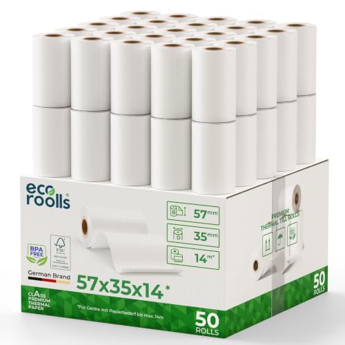 ECO ROOLLS EC Cash Rollen Thermopapier 57mm x 35mm x 12mm - Kassenrollen 57x35x12 für EC & Kredit-Kartenlesegeräte - Thermorollen 57mm - Bonrollen EC Gerät - Für Systeme bis 14m Papierbedarf (50 Stk)
