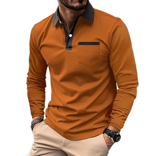 Mens Long Sleeve Polo Shirts Casual Cotton Polo T Shirt with Pocket Classic Button Collared Golf Shirt - Main Image