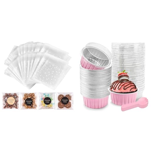 Bundle of 200PACK Self Sealing Cellophane Treat Bags and 5 OZ Mini Loaf Pans for Giving with Stickers