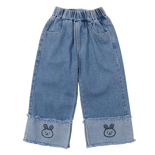 Cute Bunny Jeans for Kids Girls Wide Leg Denim Pants Tassel Elastic Waist Baby Baggy Vintage Patchwork Jeans