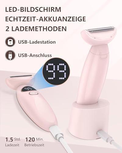 Rasierer Damen,3-In-1 Intimrasierer für Frauen,Gesichtshaarentferner für Frauen,Damenrasierer Elektrisch Nass-Trockenrasierer IPX7 Trimmer Damen,für Bikinizone Achseln Beine,USB-Aufladung,Rosa 6