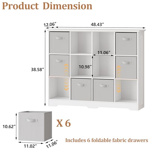 Image of 12 Cube Storage Organizer Shelf, Wood Cubby Storage with 6 Fabric Drawers, 3 Tier Wooden Bookshelf with 2 Adjustable Shelves & Fluted Side Panels for Bedroom, Living Room, Home Office, Whtie