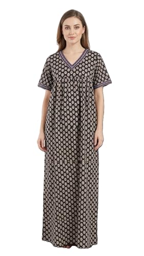 Image of Evolove Cotton Nighty Maxi for Women with Side Pocket | Floral Print Round Neck Short Sleeves Full Length Night Wear Gown