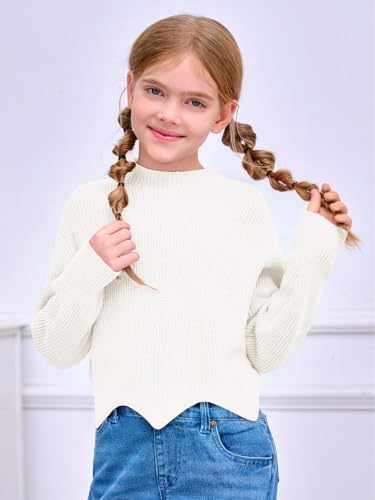 Image of Haloumoning Girls Mock Neck Sweaters Kids Fall Fashion Long Batwing Sleeve Rib Knit Pullover Clothes 5-14 Years White