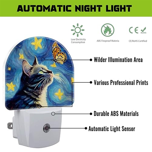 Image of Cat and Butterfly Night Light for Kids, Starry Night Oil Painting Plug in Night Light with Dusk to Dawn Sensor, 0.5w Energy Saving Nightlight for Hallway Stairway Kitchen Bedroom