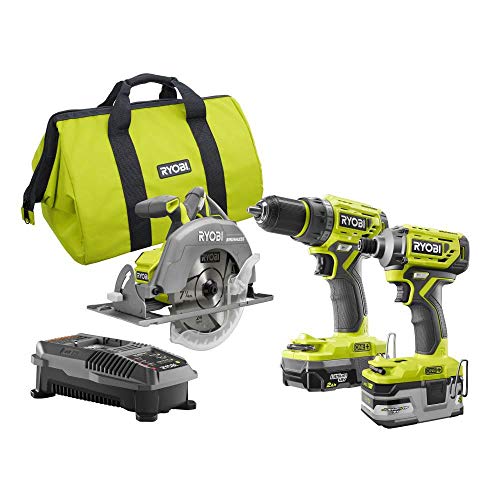 Ryobi P1837 18V One+ Cordless Brushless 3 Tool Combo Contractor Kit (9 pieces: Drill/Driver, Impact Driver, Circular Saw, 7-1/4 in Blade, Blade Wrench, Charger, 2.0 & 3.0 Ah Batteries, Bag)