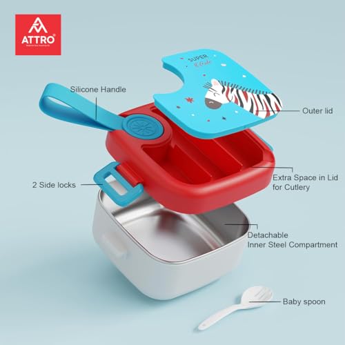Image of ATTRO KidsMate Zebra Lunch Box Stainless Steel Comes with 1 Detachable Tray| Leak-Proof & Durable | Plastic Spoon | Ideal for Kids, School, Picnic - Blue Red - 500ml
